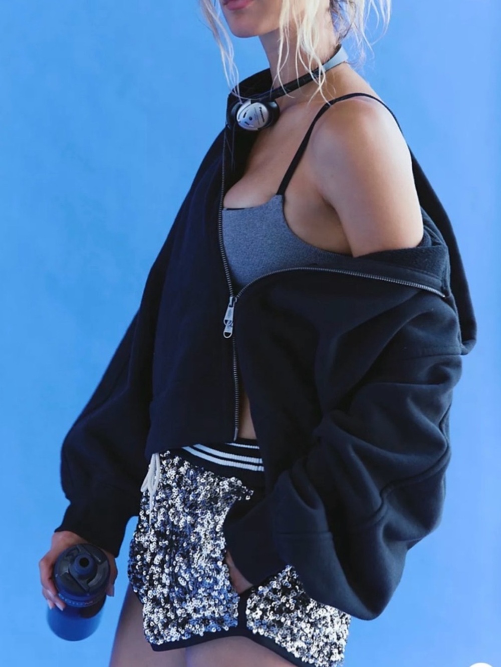 FP Movement by Free People Silver Sequin Athletic Shorts with Striped Waistband - Picture 8 of 10